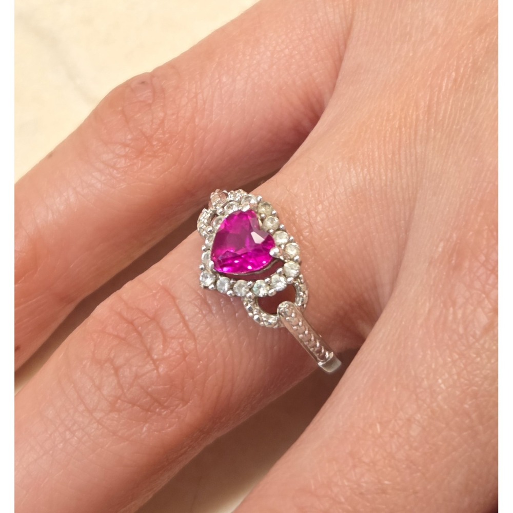 Vintage Sterling Silver Pink Topaz Halo Heart Ring 6¾